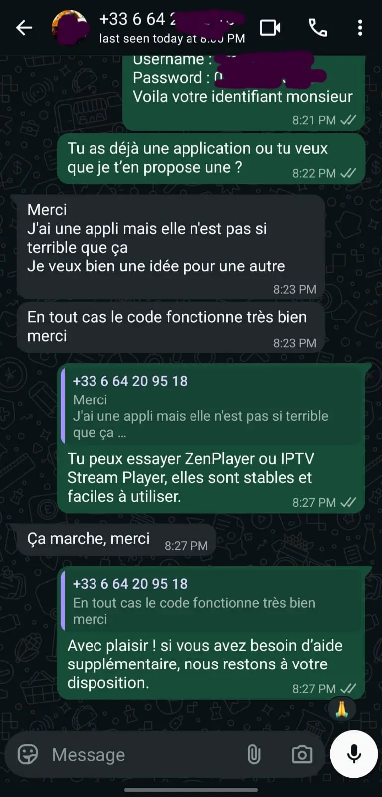 Capture d'écran d'un avis client FranceCastPro sur WhatsApp
